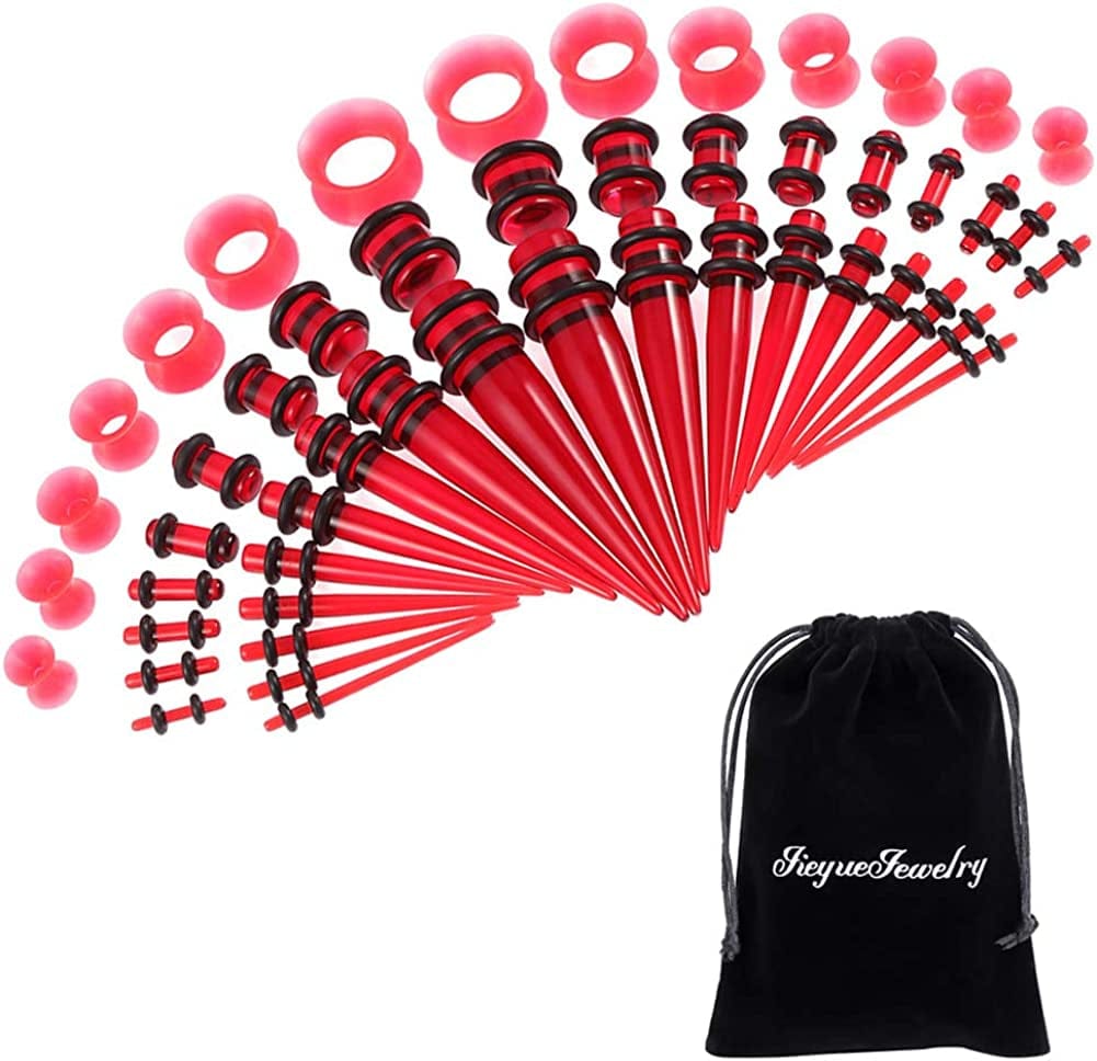 50 Pieces Ear Stretching Kit 14G-00G by Jieyuejewelry - Acrylic Tapers and Plugs + Silicone Tunnels - Ear Gauges Expander Set Body Piercing Jewelry Apparel & Accessories > Jewelry > Body Jewelry JieyueJewelry Clear Red