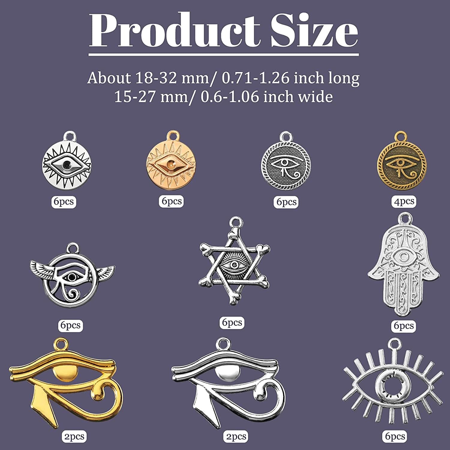 50 Pieces Eye of Horus Charms Pendant Tibetan Magic Metal Charms Mixed Craft Charm for DIY Necklace Bracelet Jewelry Making Crafting Supplies