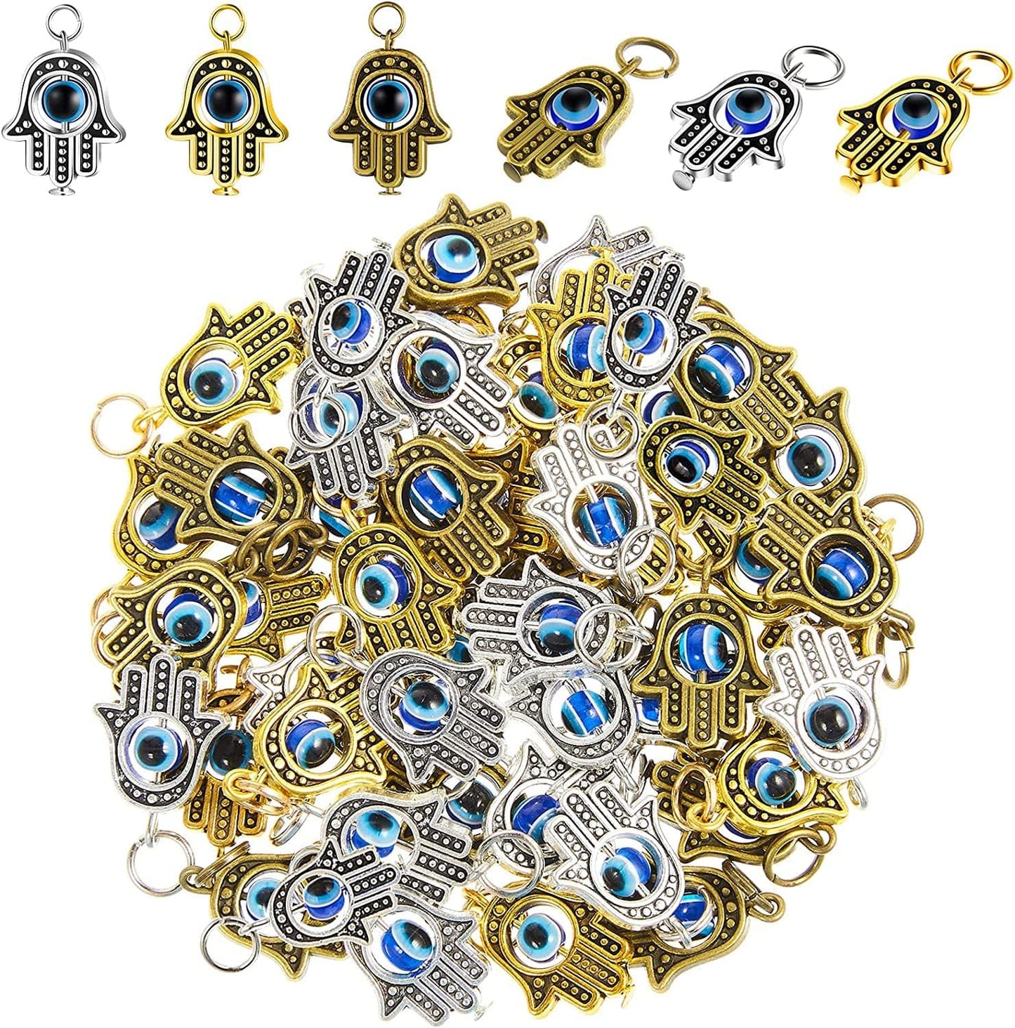 50 Pieces Hamsa Hand Charms Hamsa Evil Eye Pendant Bead Pendant Fatima Symbol Hand Beads Charms Pendant for Women Jewelry DIY Making Decor Silver, Golden, Bronze