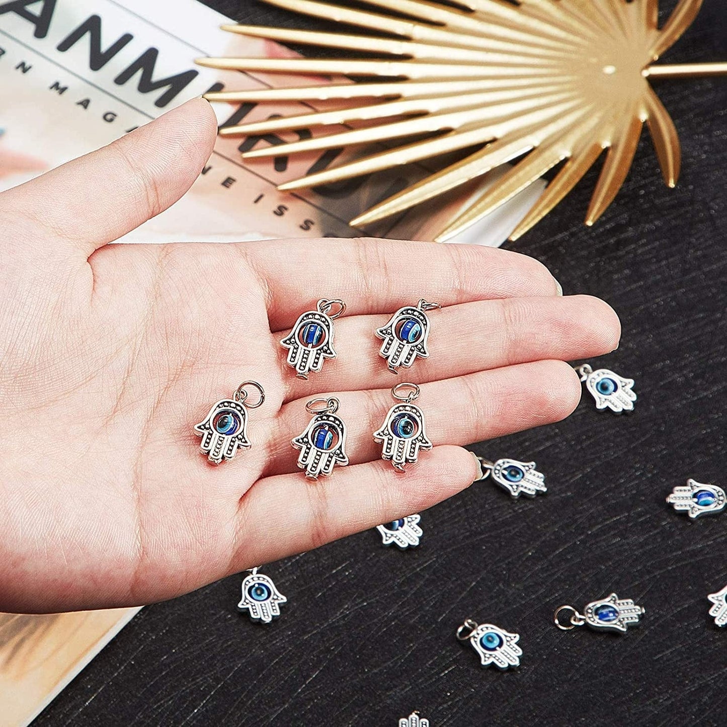 50 Pieces Hamsa Hand Charms Hamsa Evil Eye Pendant Bead Pendant Fatima Symbol Hand Beads Charms Pendant for Women Jewelry DIY Making Decor