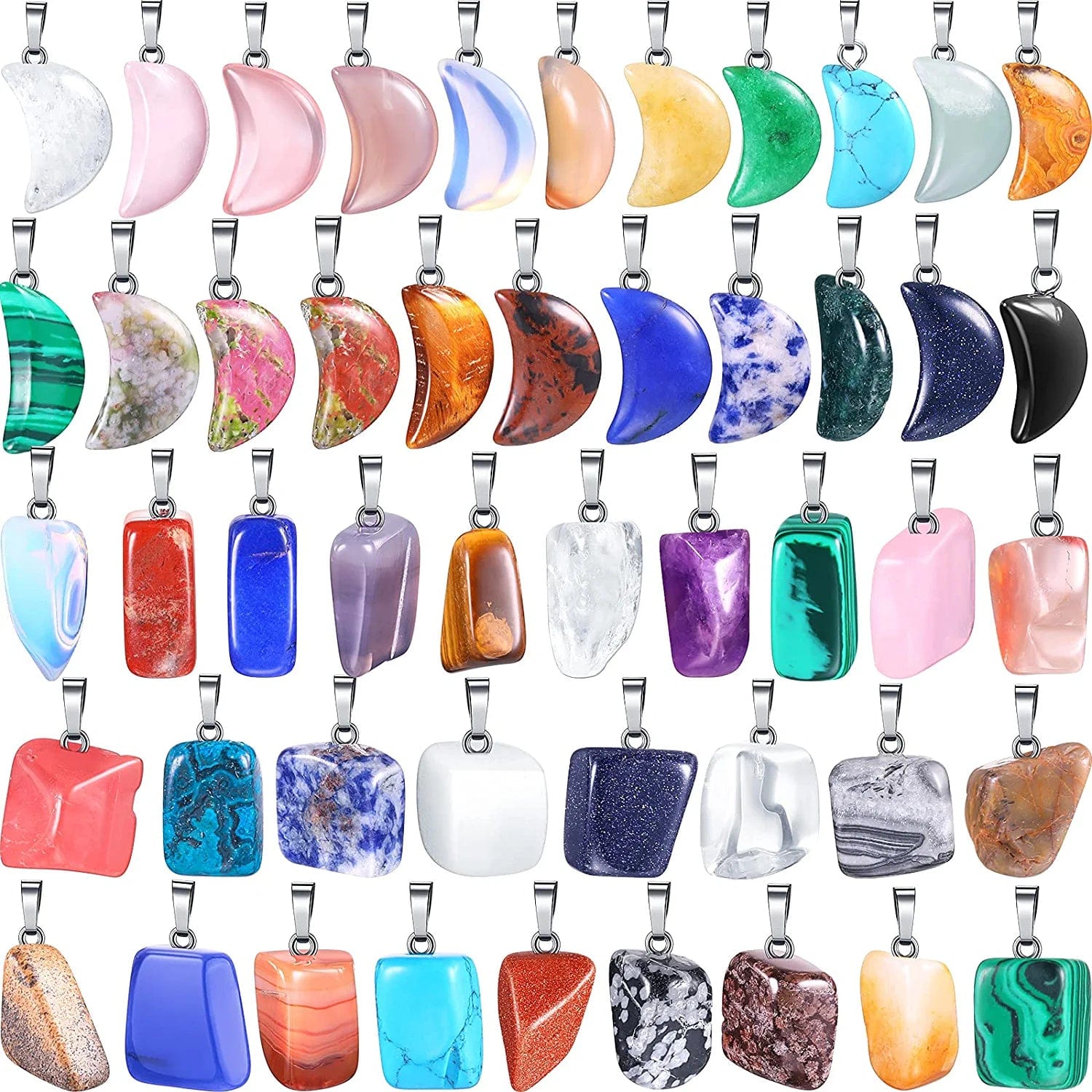 50 Pieces Stone Pendants Gemstone Charms Irregular Healing Stone Beads Moon Shape Stone Pendants Natural Gemstone Beads Quartz Charms for DIY Bracelets Necklaces Earrings Jewelry Making