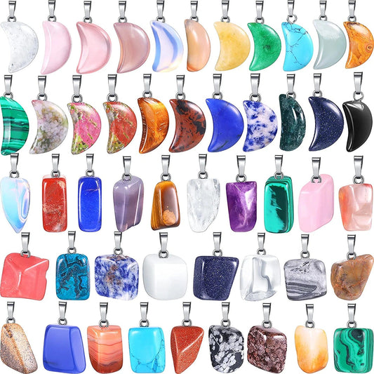 50 Pieces Stone Pendants Gemstone Charms Irregular Healing Stone Beads Moon Shape Stone Pendants Natural Gemstone Beads Quartz Charms for DIY Bracelets Necklaces Earrings Jewelry Making