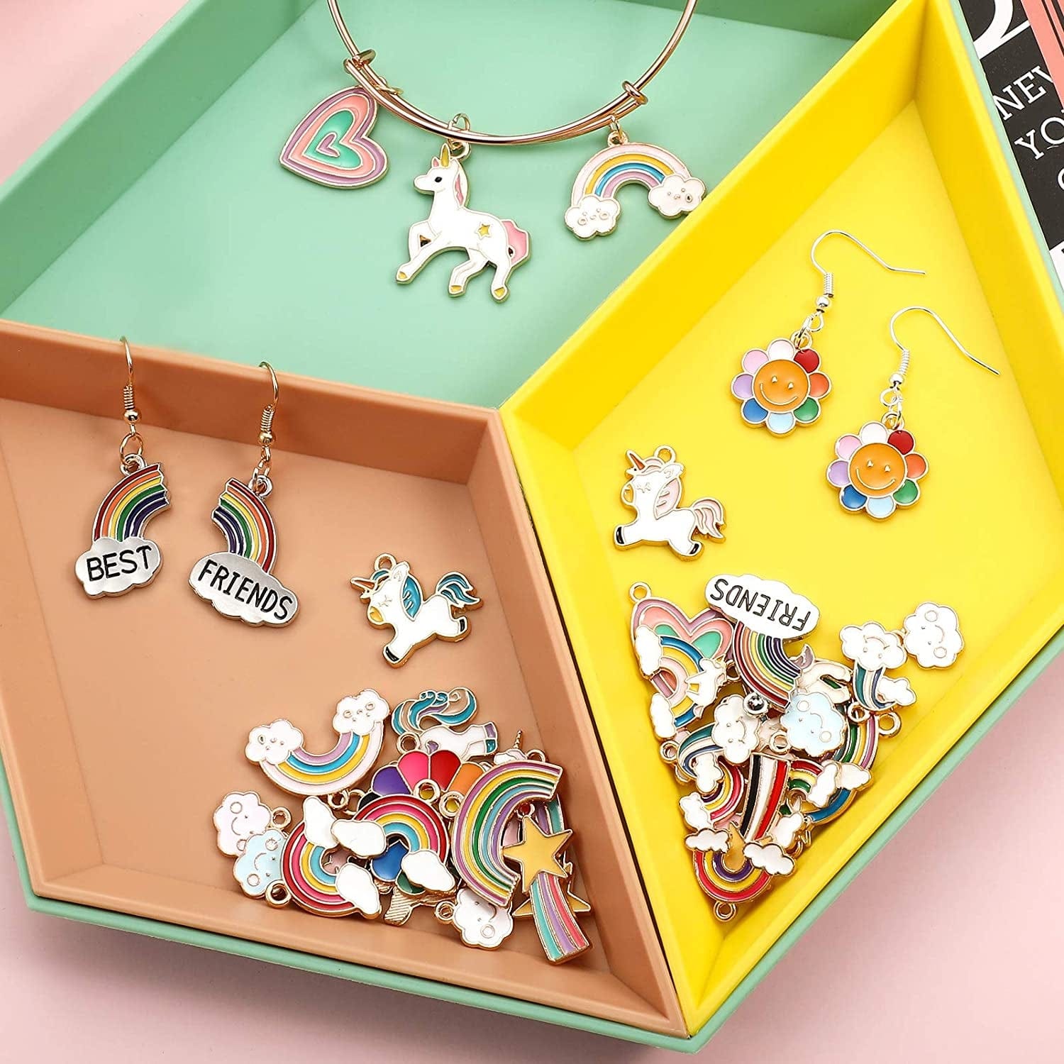 50 Pieces Unicorn Charms Enamel Rainbow Cloud Star Charms Gold Plated Enamel Sunflower Heart Charms Pendant Mixed for Jewelry Making Necklace Bracelet Girl Craft DIY Accessories