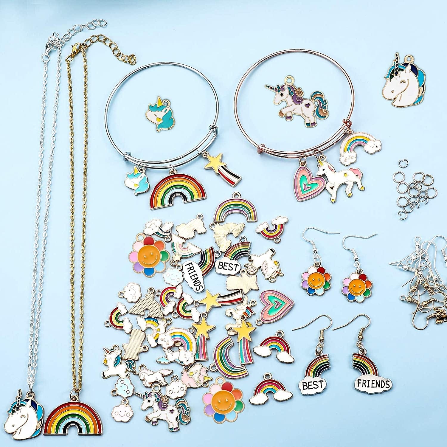 50 Pieces Unicorn Charms Enamel Rainbow Cloud Star Charms Gold Plated Enamel Sunflower Heart Charms Pendant Mixed for Jewelry Making Necklace Bracelet Girl Craft DIY Accessories