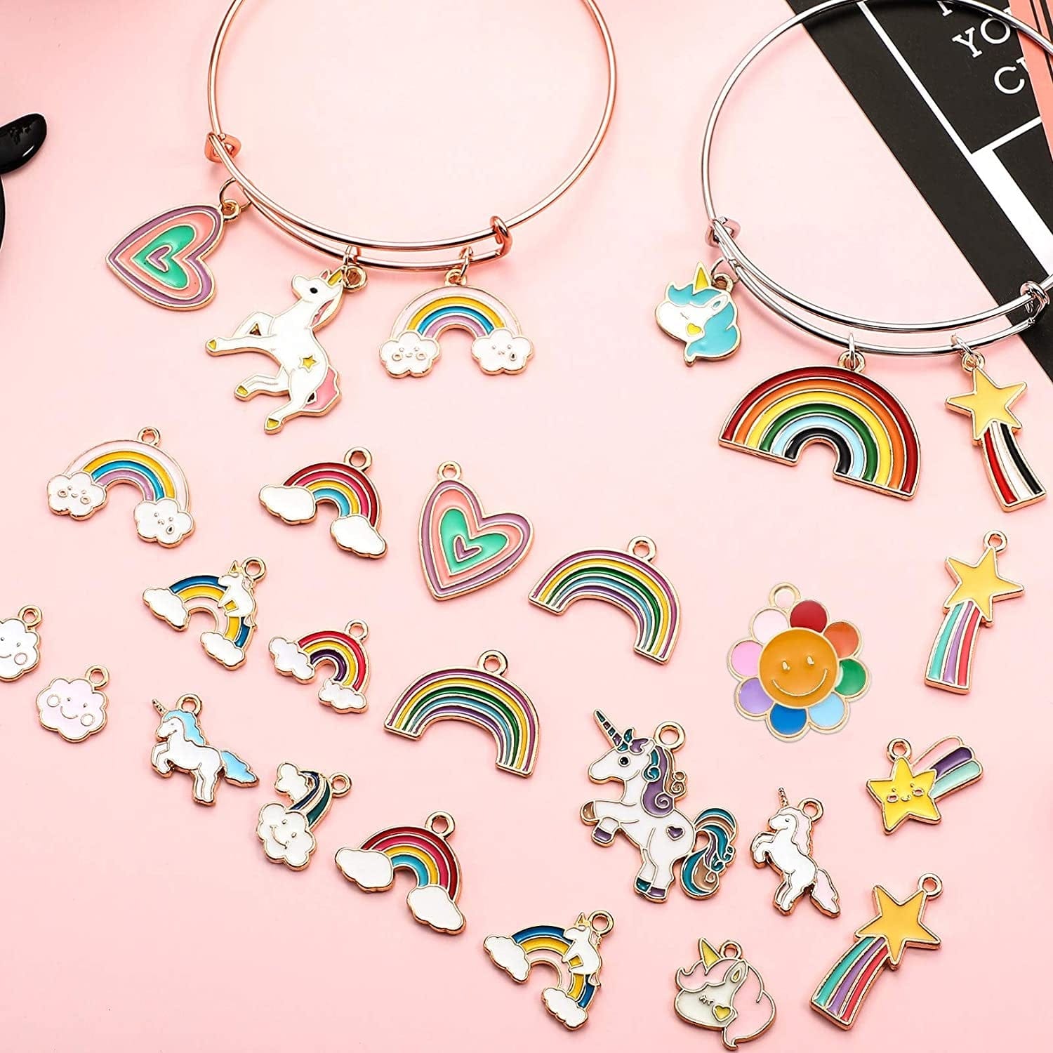 50 Pieces Unicorn Charms Enamel Rainbow Cloud Star Charms Gold Plated Enamel Sunflower Heart Charms Pendant Mixed for Jewelry Making Necklace Bracelet Girl Craft DIY Accessories