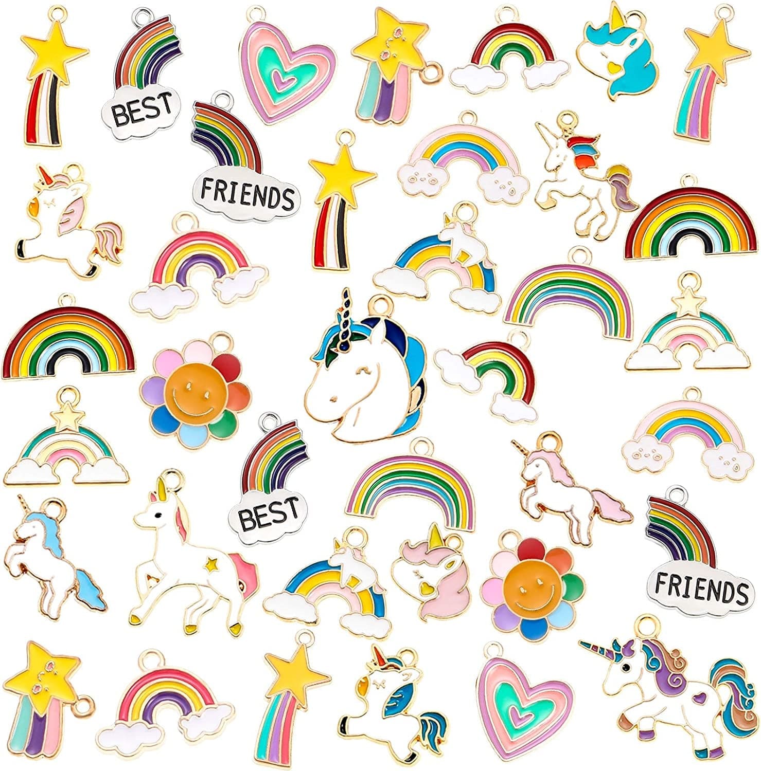 50 Pieces Unicorn Charms Enamel Rainbow Cloud Star Charms Gold Plated Enamel Sunflower Heart Charms Pendant Mixed for Jewelry Making Necklace Bracelet Girl Craft DIY Accessories