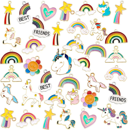 50 Pieces Unicorn Charms Enamel Rainbow Cloud Star Charms Gold Plated Enamel Sunflower Heart Charms Pendant Mixed for Jewelry Making Necklace Bracelet Girl Craft DIY Accessories