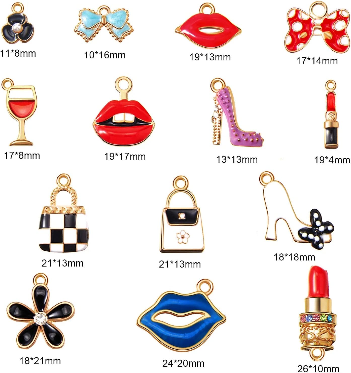 50 Pieces Women'S Makeup Lip Lipstick Charms Gold Plated Enamel High Heels Wallet Flower Bow Charm Pendant for DIY Jewelry Necklace Bracelet Earrings Making