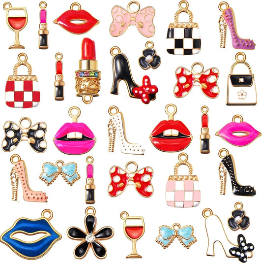 50 Pieces Women'S Makeup Lip Lipstick Charms Gold Plated Enamel High Heels Wallet Flower Bow Charm Pendant for DIY Jewelry Necklace Bracelet Earrings Making