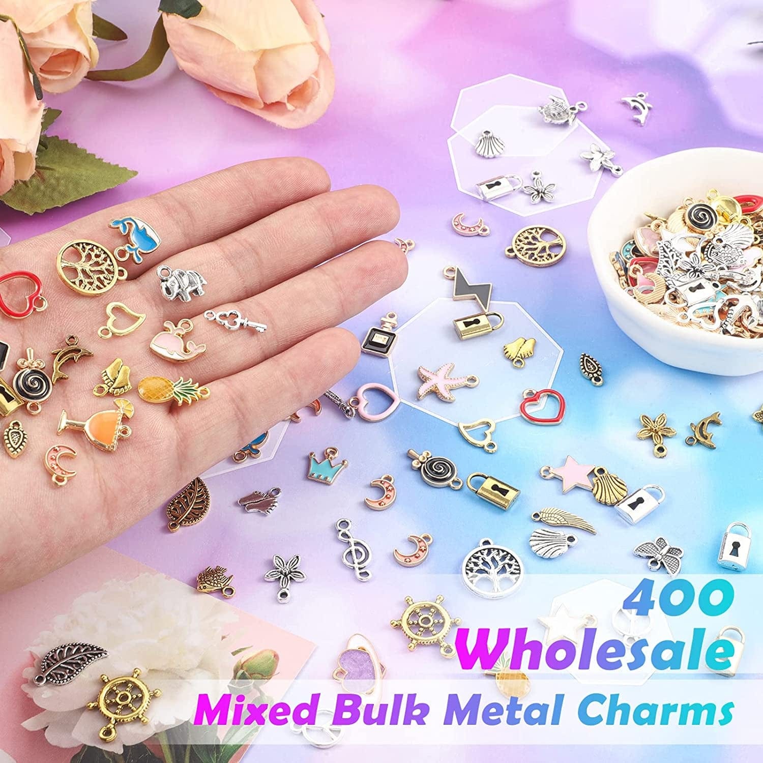 500 Pieces Charms for Jewelry Making Pendants Assorted Gold Plated Enamel Silver Metal Charms for DIY Necklace Bracelet Earring Craft Supplies