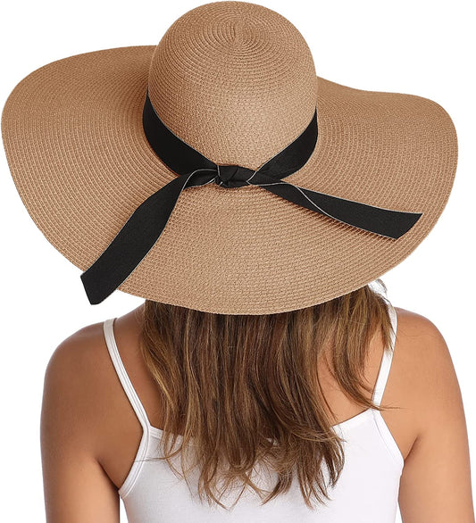 Lanzom Womens Wide Brim Straw Hat Big Floppy Foldable Roll up Cap Beach Sun Hat UPF 50+ Apparel & Accessories > Clothing Accessories > Hats Lanzom Bowknot-khaki One Size