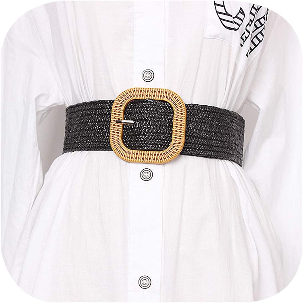 Women Skinny Dress Belt, Fashion Straw Woven Elastic Stretch Waist Band Wood Buckle Belt Apparel & Accessories > Clothing Accessories > Belts YUCFOREN Type 1-black Waist below 39"