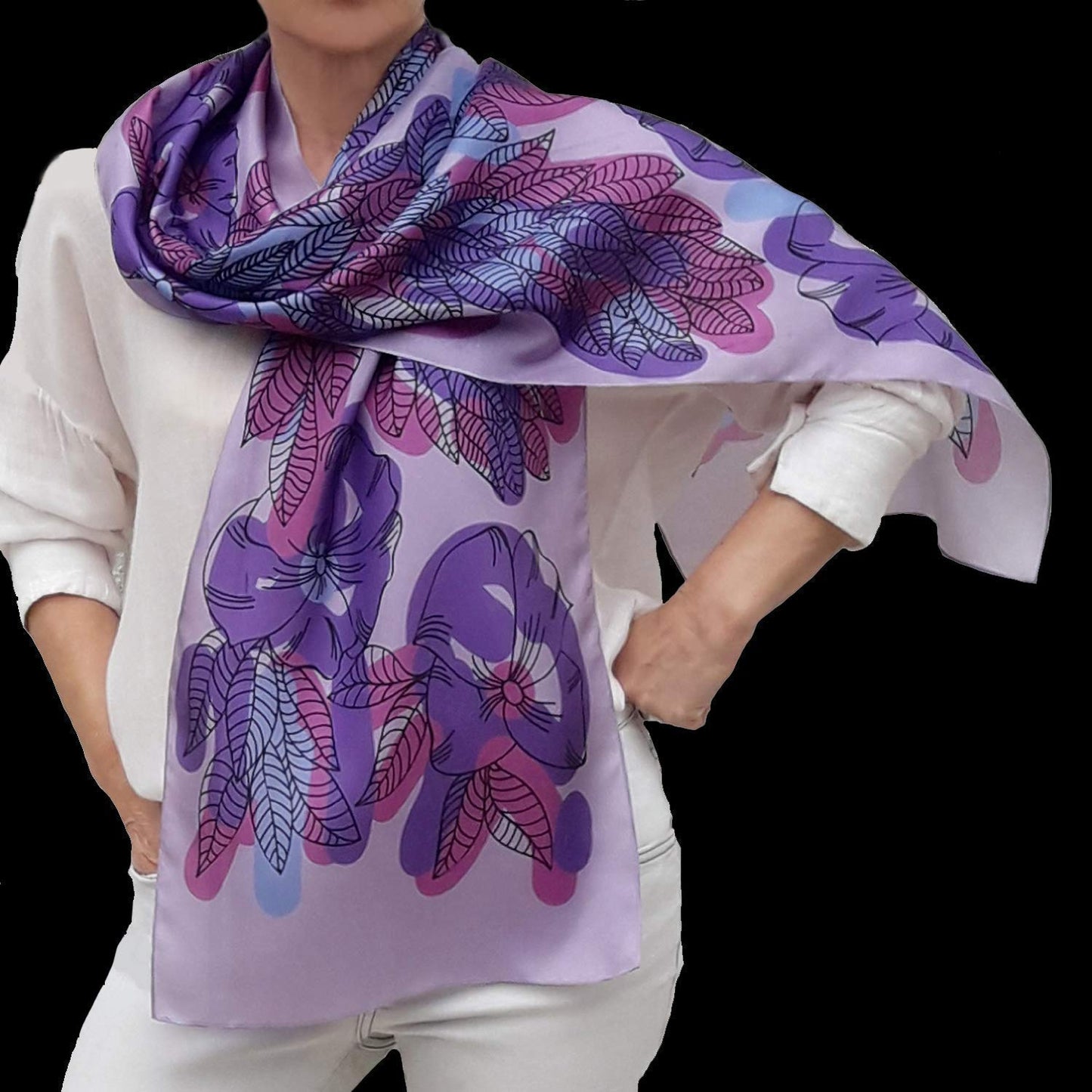 Artistic Hand Painted Long Silk Scarf for Women Fashion Boho Wrap Floral Patterns Trendy Purple Pink Neck Scarfs Unique Designer Shawl Womens Birthday Gift Mother Day Gift Handmade Gifts for Her Apparel & Accessories > Clothing Accessories > Scarves & Shawls Generic
