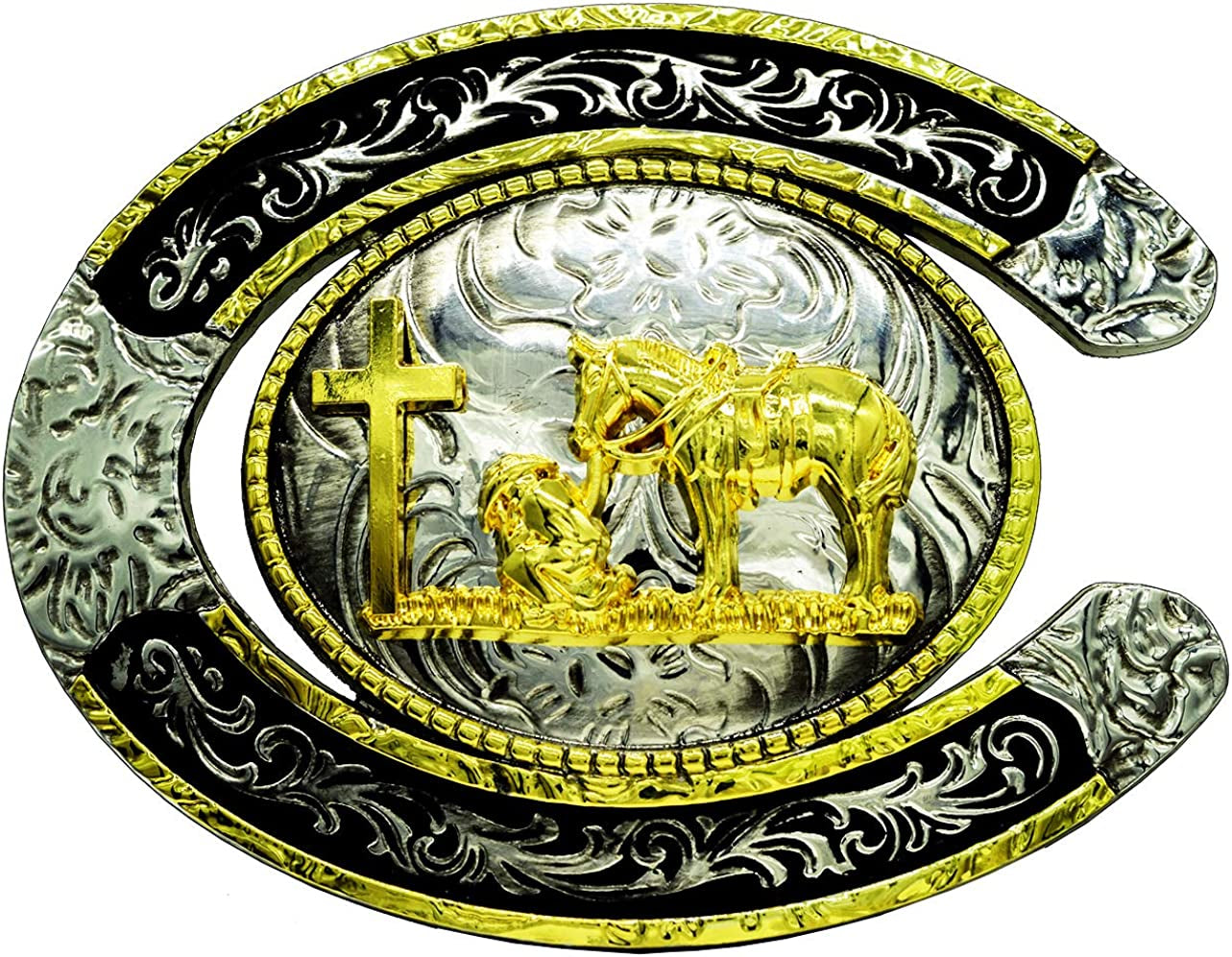 Moranse Religion Cross Cowboy Kneeling Prayer and Horse Design Belt Buckles Apparel & Accessories > Clothing Accessories > Belt Buckles Moranse Cross Cowboy