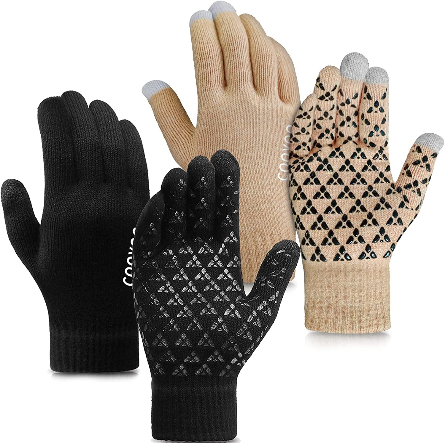 Winter Gloves for Women and Men 1/2/3 Pairs,Upgraded Touch Screen Gloves,Anti-Slip Silicone Gel- Thermal Soft Wool Lining Apparel & Accessories > Clothing Accessories > Gloves & Mittens COOYOO 09-2 Pairs(black/Khaki) Large