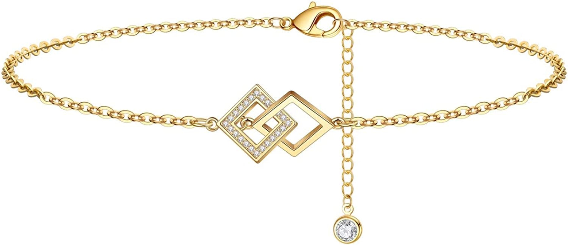 Dainty Ankle Bracelets for Women Girls, 14K Gold Filled Handmade Anklet Tiny Lock Key Star Lightning Crescent Elephant Evil Eye Ankle Bracelets for Women Girls Summer Boho Beach Foot Jewelry Apparel & Accessories > Jewelry > Anklets Yoosteel Double Squares