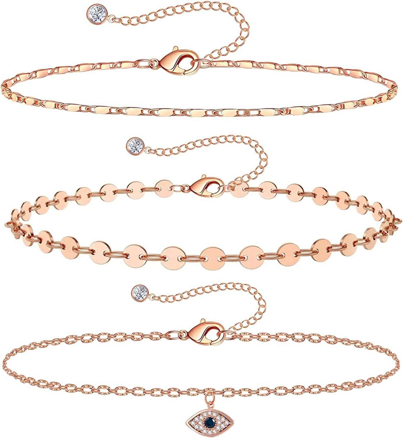 Gold Ankle Bracelets for Women 14K Gold Plated Anklet Silver Rose Gold Evil Eye Tennis Crystal Cubic Zirconia Faux Diamond Rhinestone Anklet Dainty Layered Anklet Set 3Pcs Apparel & Accessories > Jewelry > Anklets Vermeyen X-Rose Gold Evil Eye