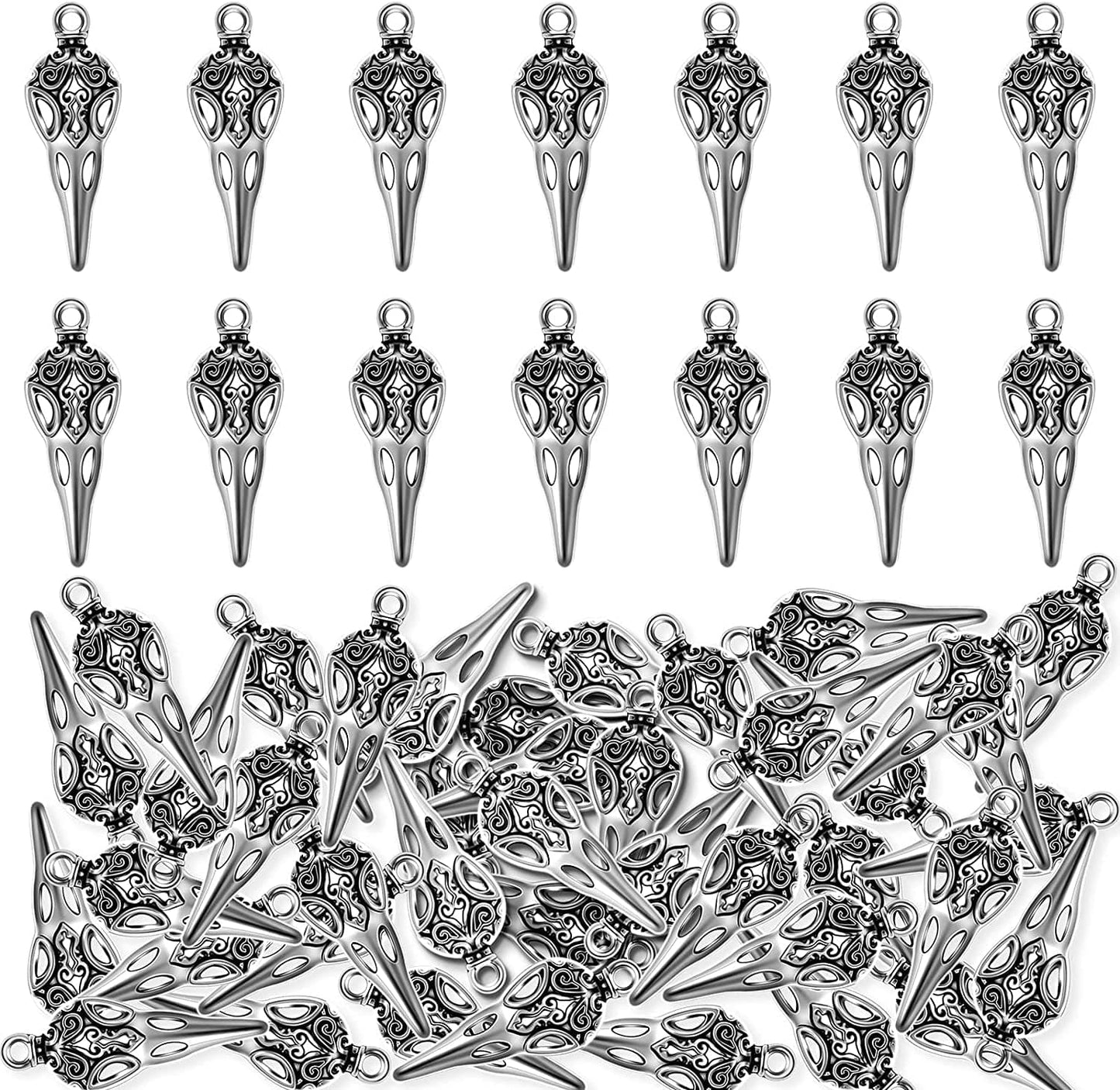 50Pcs Alloy Crow Raven Skull Charms Bird Head Skeleton Charms Pendant for Women Halloween Witch Pagan Necklace Bracelet Earring Jewelry Antique Silver