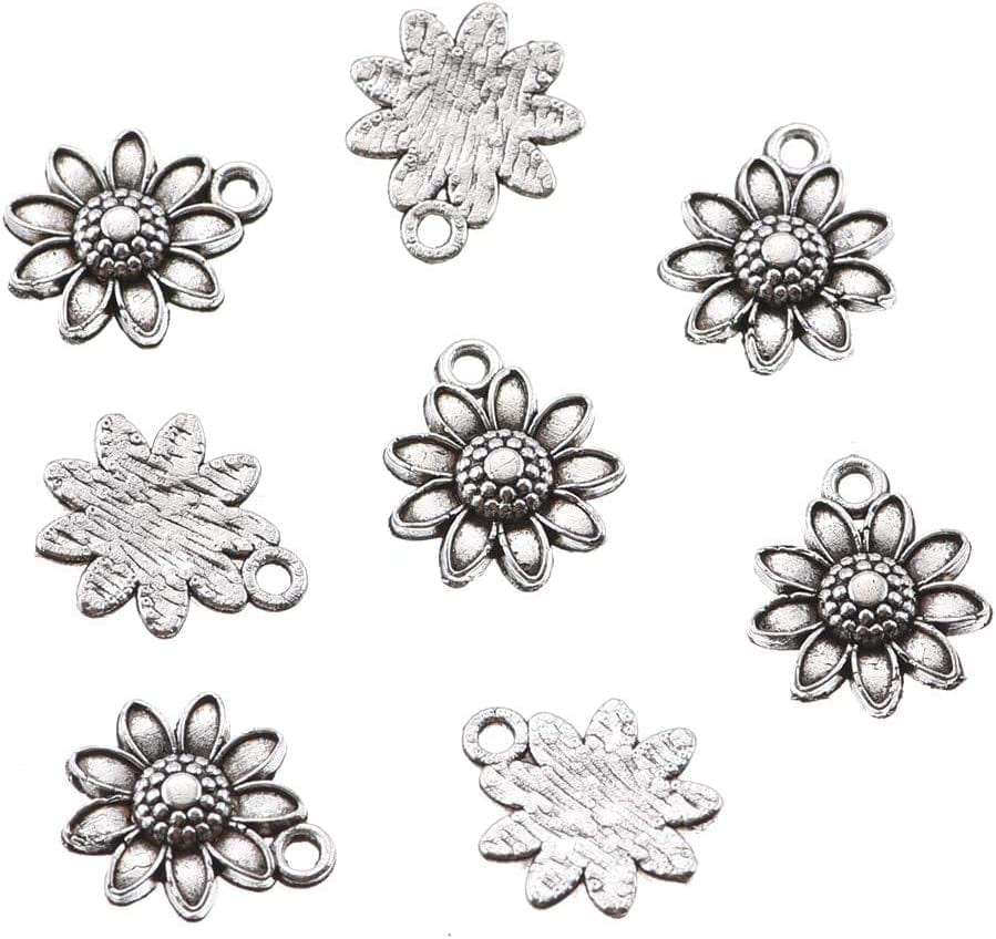 50Pcs Antique Silver Plated Sunflower Flower Charms Pendant DIY Bracelets Necklace Jewelry Making Craft Wholesale 15Mmx13Mm(A298)