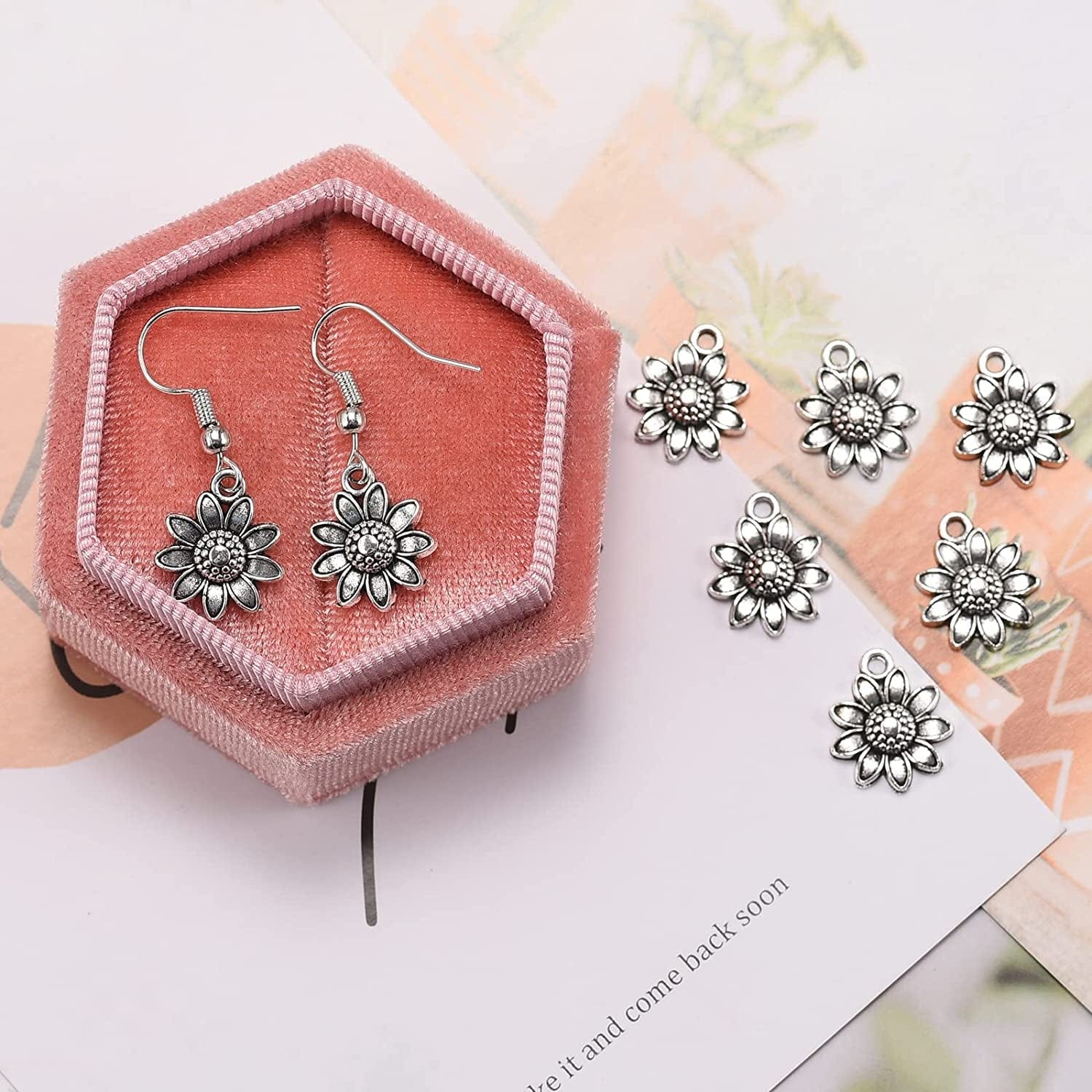 50Pcs Antique Silver Plated Sunflower Flower Charms Pendant DIY Bracelets Necklace Jewelry Making Craft Wholesale 15Mmx13Mm(A298)