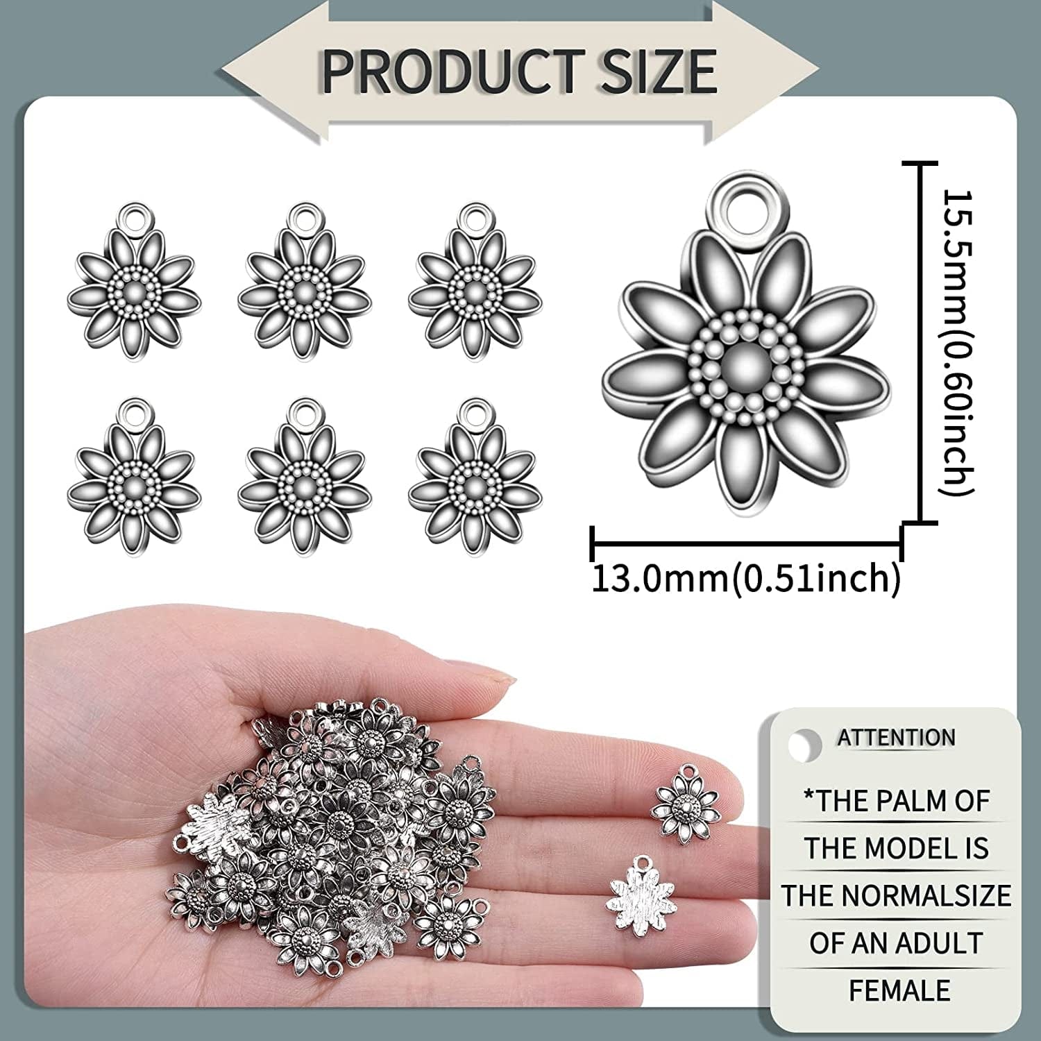 50Pcs Antique Silver Plated Sunflower Flower Charms Pendant DIY Bracelets Necklace Jewelry Making Craft Wholesale 15Mmx13Mm(A298)