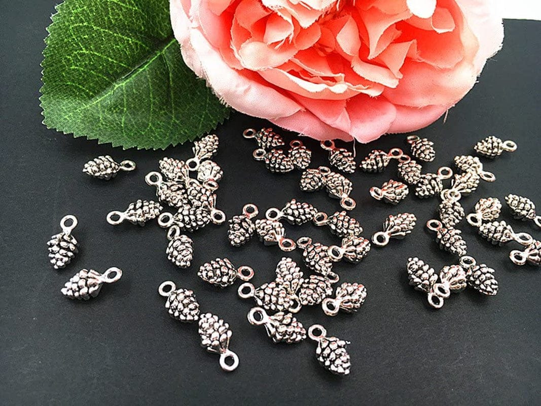 50Pcs Christmas Pine Cone Small Pendant Nature Nuts Charm for DIY Jewelry Making Accessories(Antique Silver Tone)
