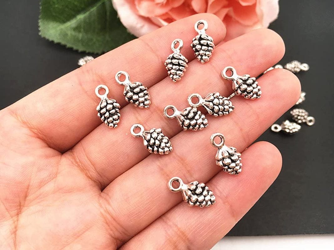 50Pcs Christmas Pine Cone Small Pendant Nature Nuts Charm for DIY Jewelry Making Accessories(Antique Silver Tone)