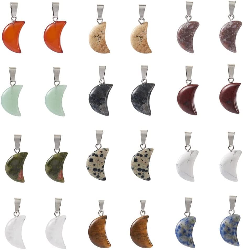 50Pcs Crescent Moon Shaped Mixed Stone Pendants Healing Crystal Quartz Chakra Reiki Gemstone Charms for Necklace Jewelry Making Hole: 2X7Mm