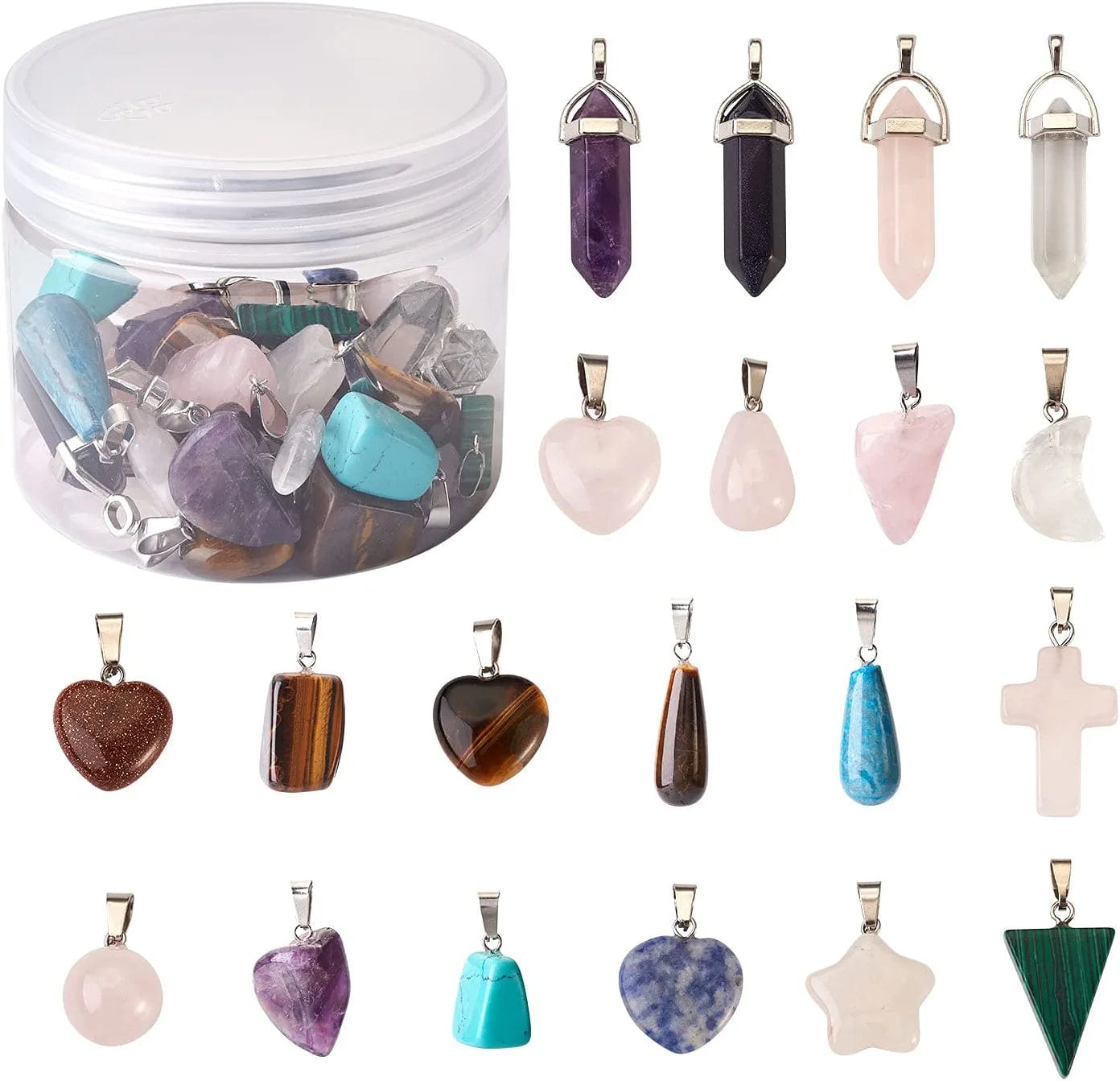 50Pcs Crescent Moon Shaped Mixed Stone Pendants Healing Crystal Quartz Chakra Reiki Gemstone Charms for Necklace Jewelry Making Hole: 2X7Mm