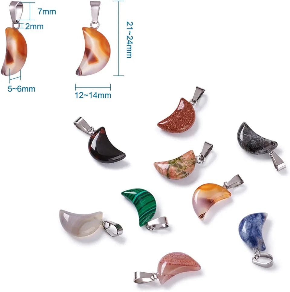 50Pcs Crescent Moon Shaped Mixed Stone Pendants Healing Crystal Quartz Chakra Reiki Gemstone Charms for Necklace Jewelry Making Hole: 2X7Mm