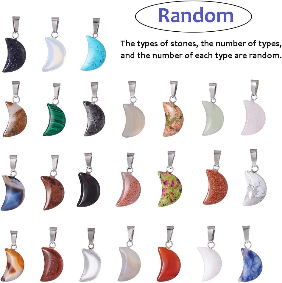 50Pcs Crescent Moon Shaped Mixed Stone Pendants Healing Crystal Quartz Chakra Reiki Gemstone Charms for Necklace Jewelry Making Hole: 2X7Mm