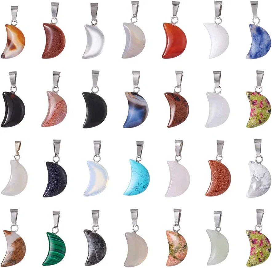50Pcs Crescent Moon Shaped Mixed Stone Pendants Healing Crystal Quartz Chakra Reiki Gemstone Charms for Necklace Jewelry Making Hole: 2X7Mm