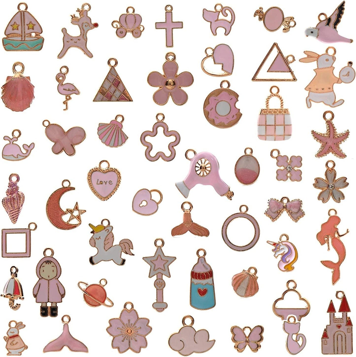 50Pcs Enamel Charms for Jewelry Making Supplies Earring Bracelet Pendant Bangle Necklace Designer Keychain Bulk Lots Wholesale Pink-B
