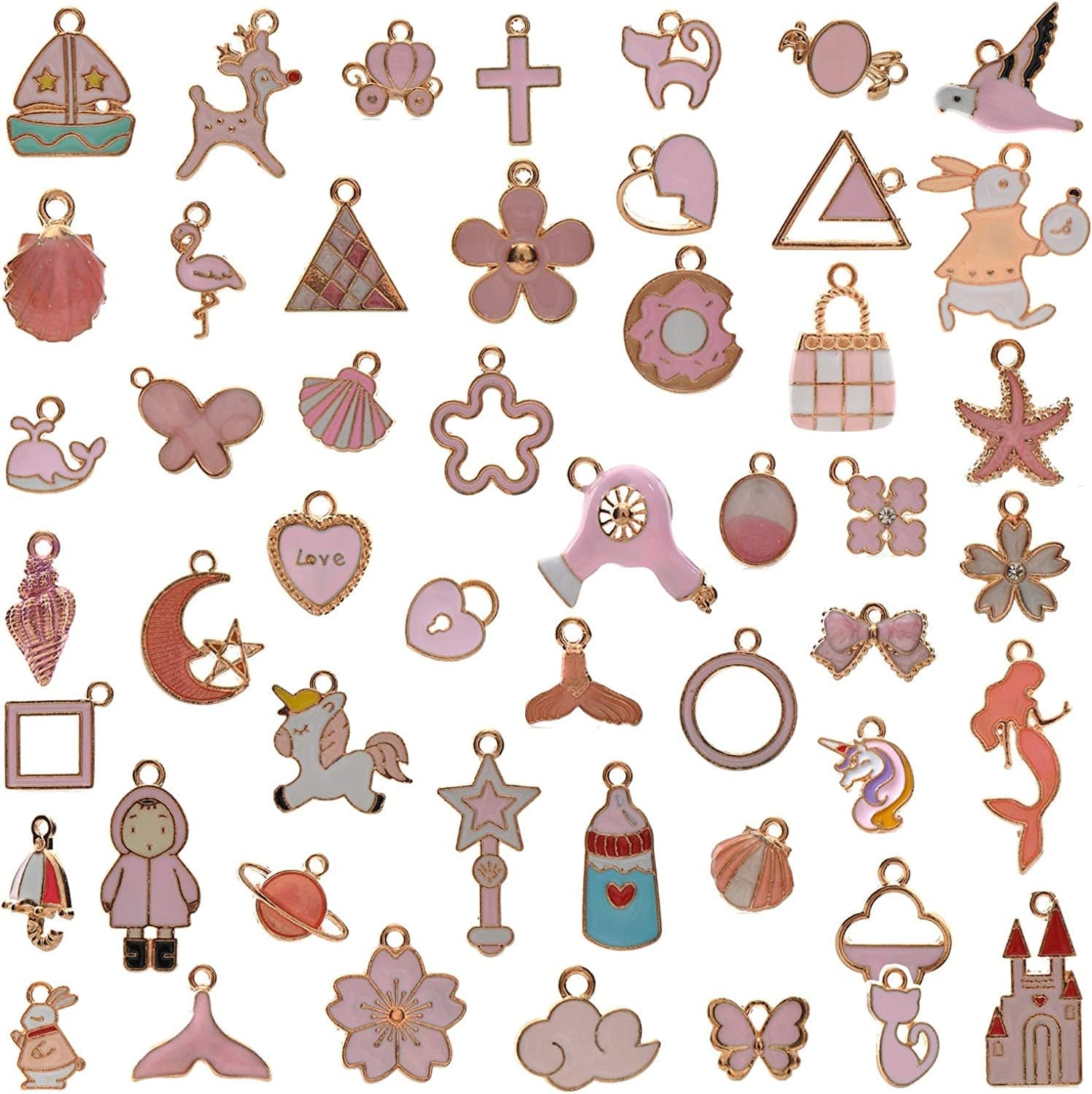 50Pcs Enamel Charms for Jewelry Making Supplies Earring Bracelet Pendant Bangle Necklace Designer Keychain Bulk Lots Wholesale Pink-B