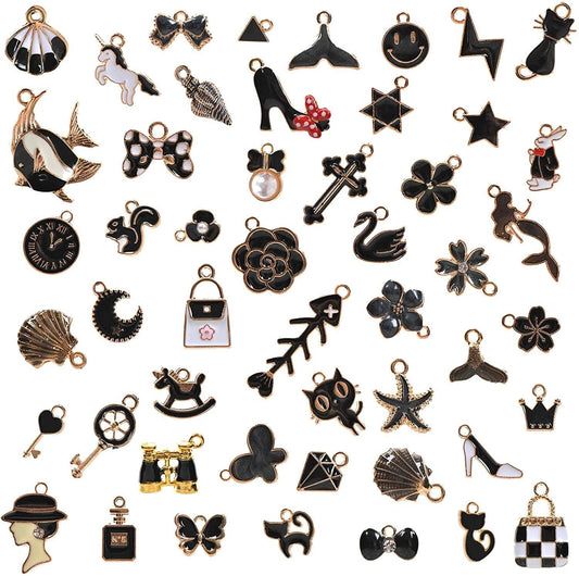 50Pcs Enamel Charms for Jewelry Making Supplies Earring Bracelet Pendant Bangle Necklace Designer Keychain Bulk Lots Wholesale Black