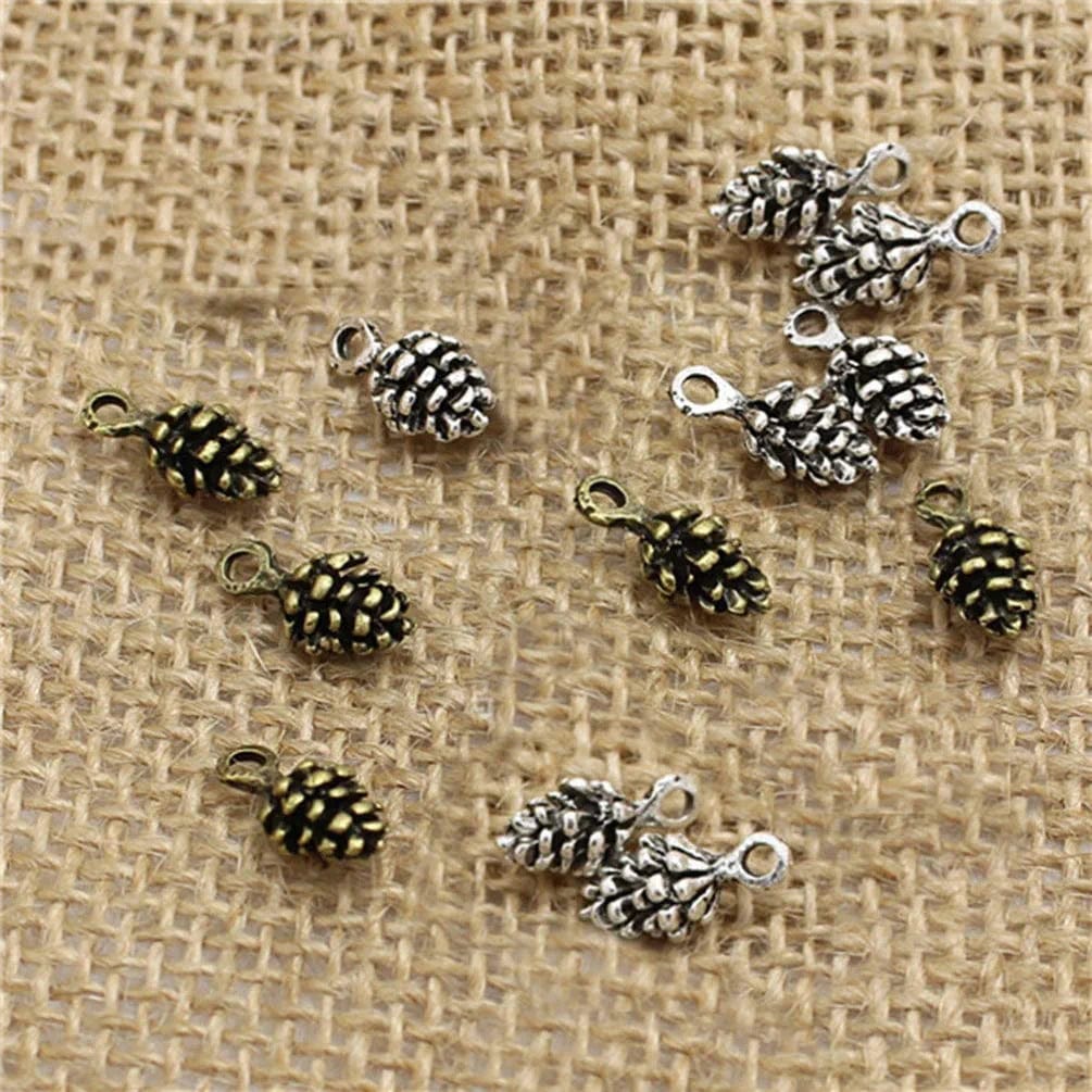 50Pcs Mini Pine Cone Charms Pendants Christmas Charms Nature Nuts Charm Pinecone Beads Jewelry Making Findings DIY Accessories (Antique Brass)