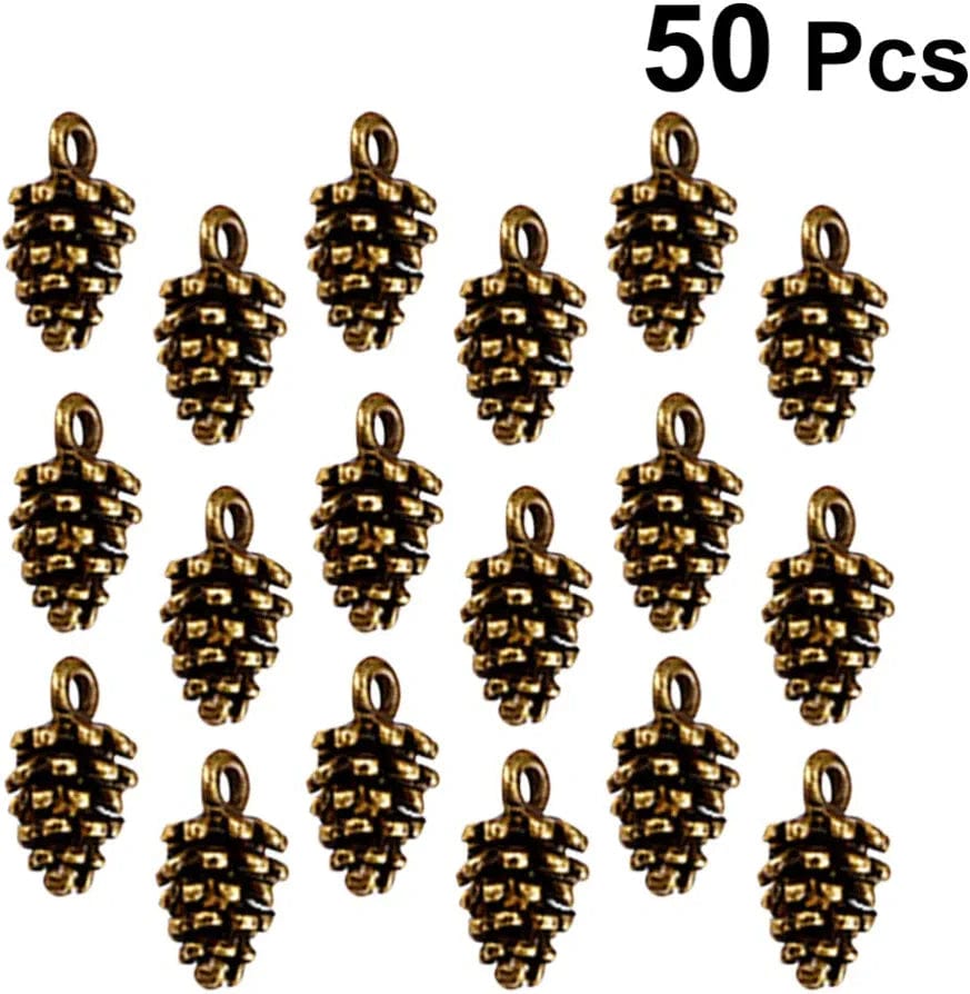 50Pcs Mini Pine Cone Charms Pendants Christmas Charms Nature Nuts Charm Pinecone Beads Jewelry Making Findings DIY Accessories (Antique Brass)