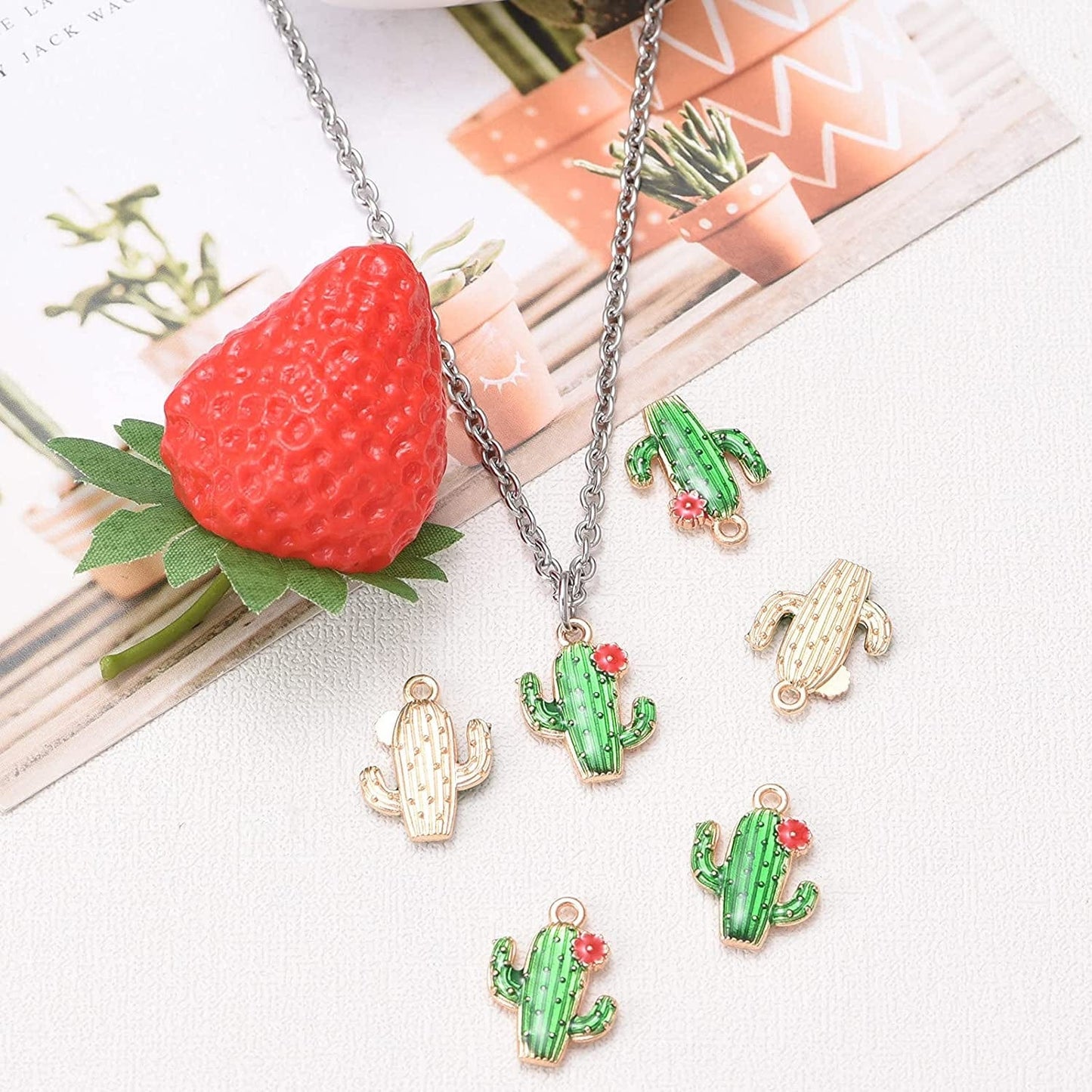 50Pcs Mixed Alloy Enamel Cactus Pendants Tropical Summer Desert Plant Charms for Jewelry Making Earring Necklace Bracelet Keychain Bag Decor