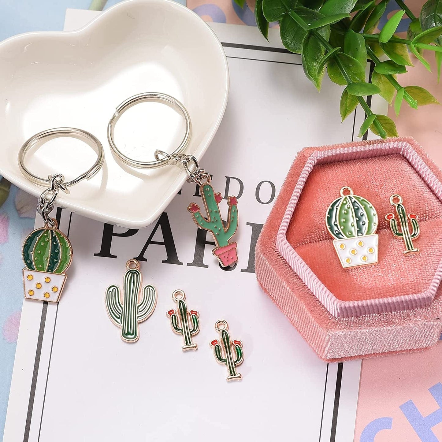 50Pcs Mixed Alloy Enamel Cactus Pendants Tropical Summer Desert Plant Charms for Jewelry Making Earring Necklace Bracelet Keychain Bag Decor