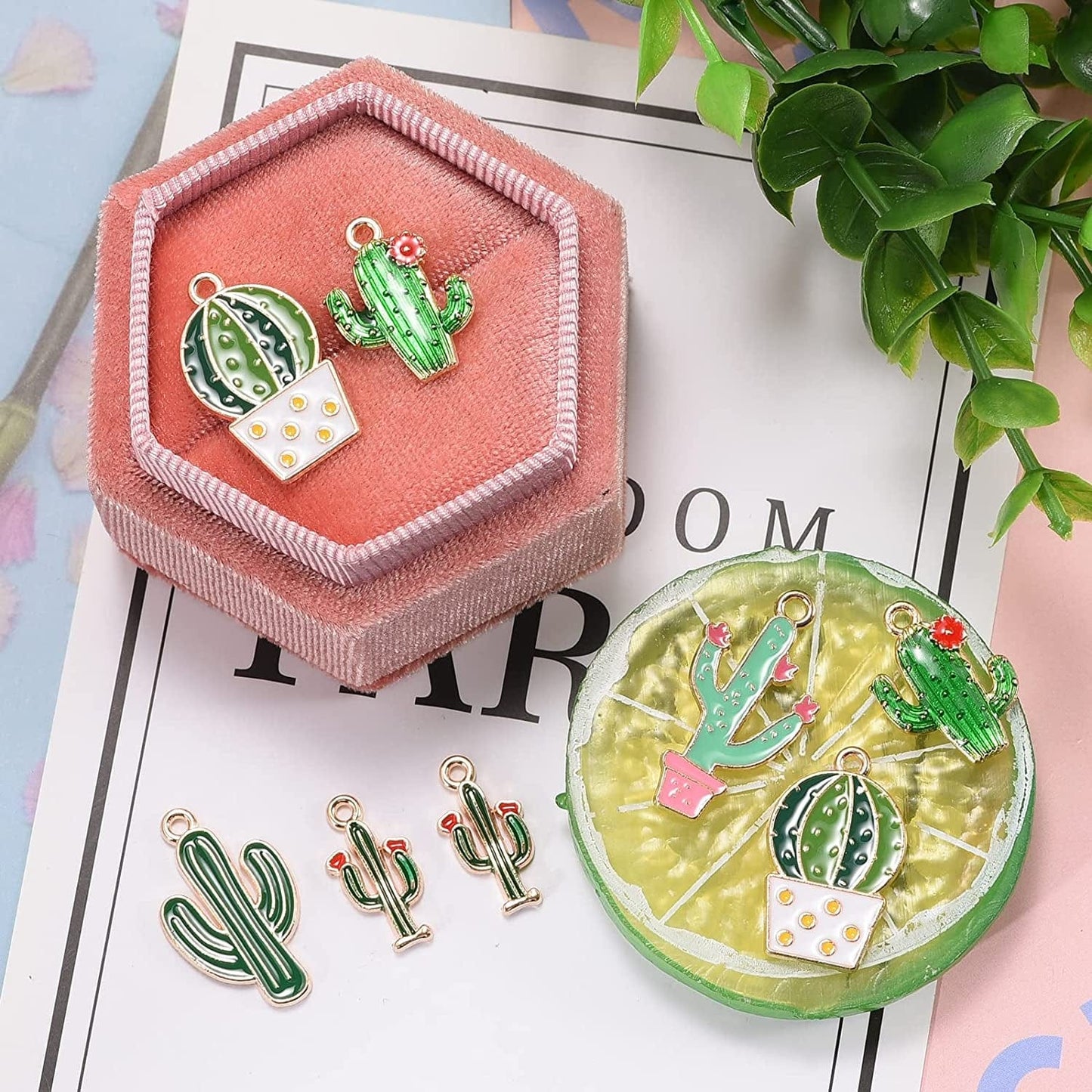 50Pcs Mixed Alloy Enamel Cactus Pendants Tropical Summer Desert Plant Charms for Jewelry Making Earring Necklace Bracelet Keychain Bag Decor
