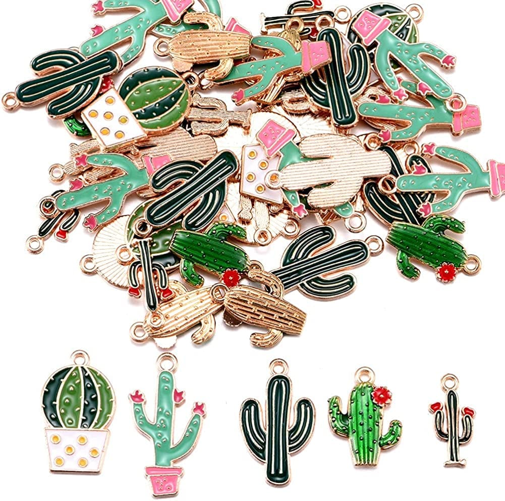 50Pcs Mixed Alloy Enamel Cactus Pendants Tropical Summer Desert Plant Charms for Jewelry Making Earring Necklace Bracelet Keychain Bag Decor