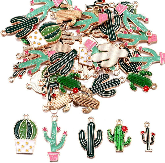 50Pcs Mixed Alloy Enamel Cactus Pendants Tropical Summer Desert Plant Charms for Jewelry Making Earring Necklace Bracelet Keychain Bag Decor