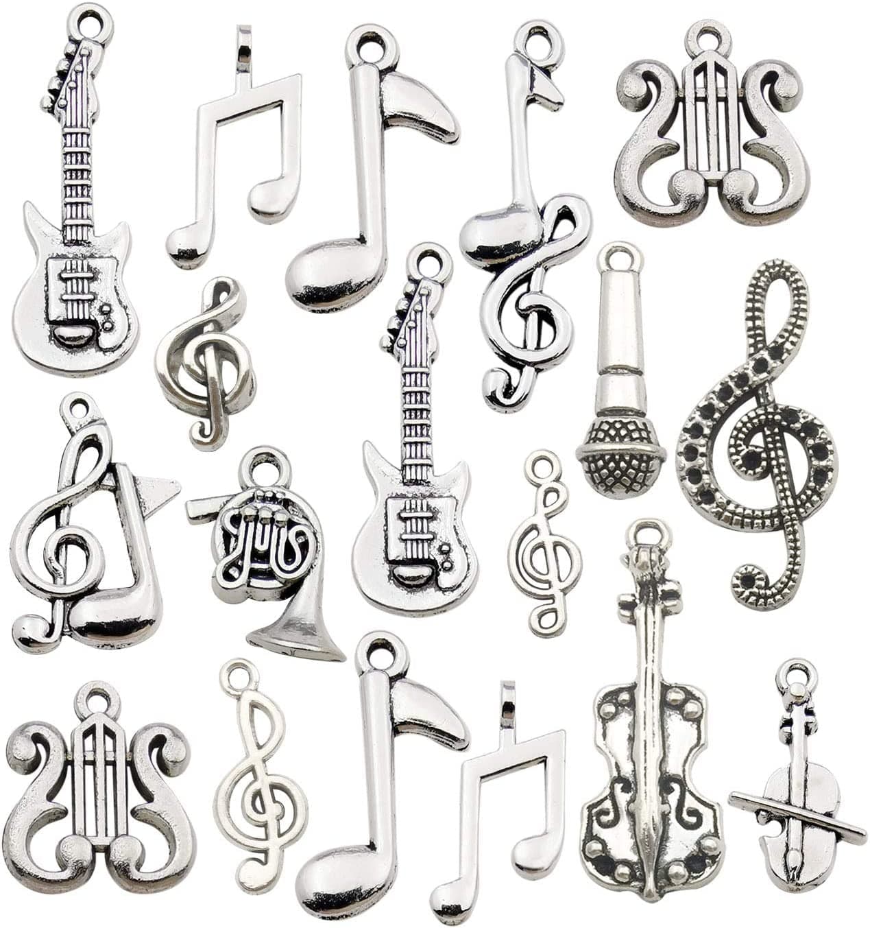 50Pcs Wholesale Bulk Lots Instrument Music Notes Charms for Jewelry Making Mixed Smooth Tibetan Silver Metal Charms Pendants DIY for Jewelry Making Necklace Bracelet and Crafting (M354) Silver Music