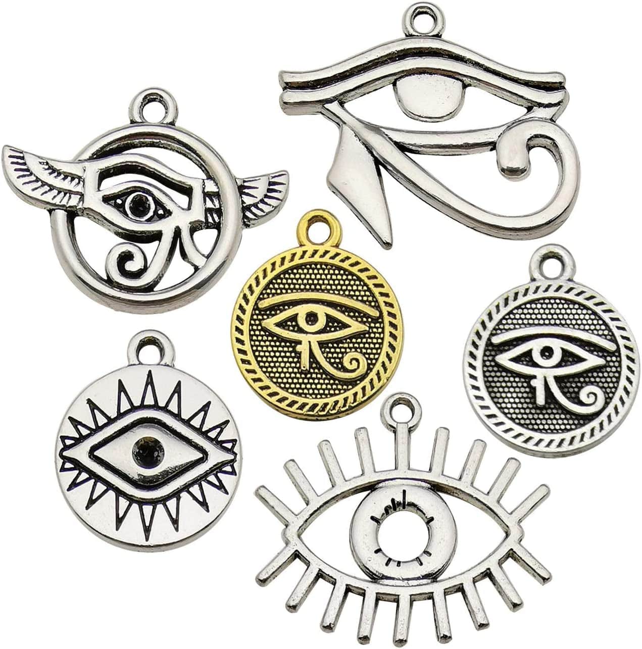 50Pcs Wholesale Bulk Lots Instrument Music Notes Charms for Jewelry Making Mixed Smooth Tibetan Silver Metal Charms Pendants DIY for Jewelry Making Necklace Bracelet and Crafting (M354) Eye of Horus