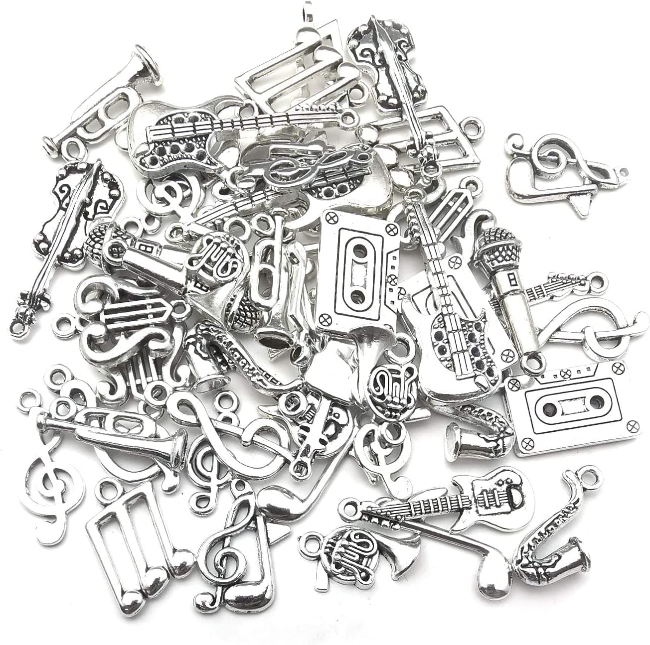 50Pcs Wholesale Bulk Lots Instrument Music Notes Charms for Jewelry Making Mixed Smooth Tibetan Silver Metal Charms Pendants DIY for Jewelry Making Necklace Bracelet and Crafting (M354)