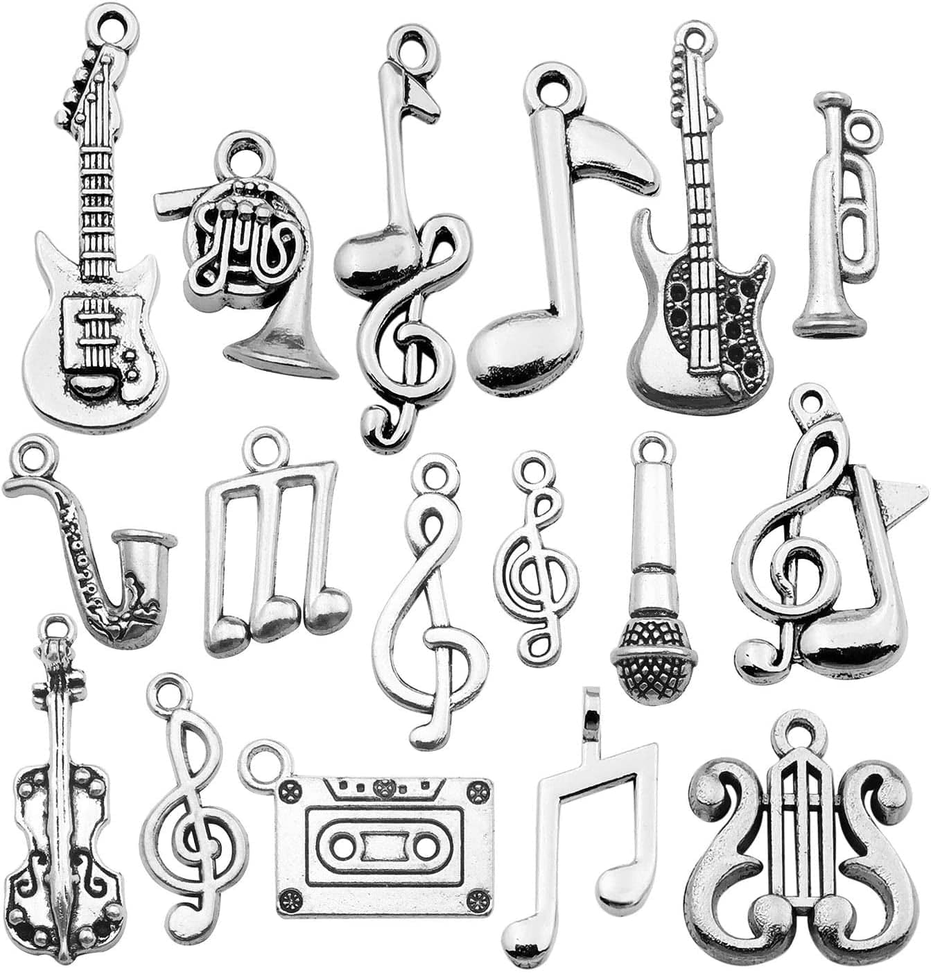 50Pcs Wholesale Bulk Lots Instrument Music Notes Charms for Jewelry Making Mixed Smooth Tibetan Silver Metal Charms Pendants DIY for Jewelry Making Necklace Bracelet and Crafting (M354) Silver Music 2