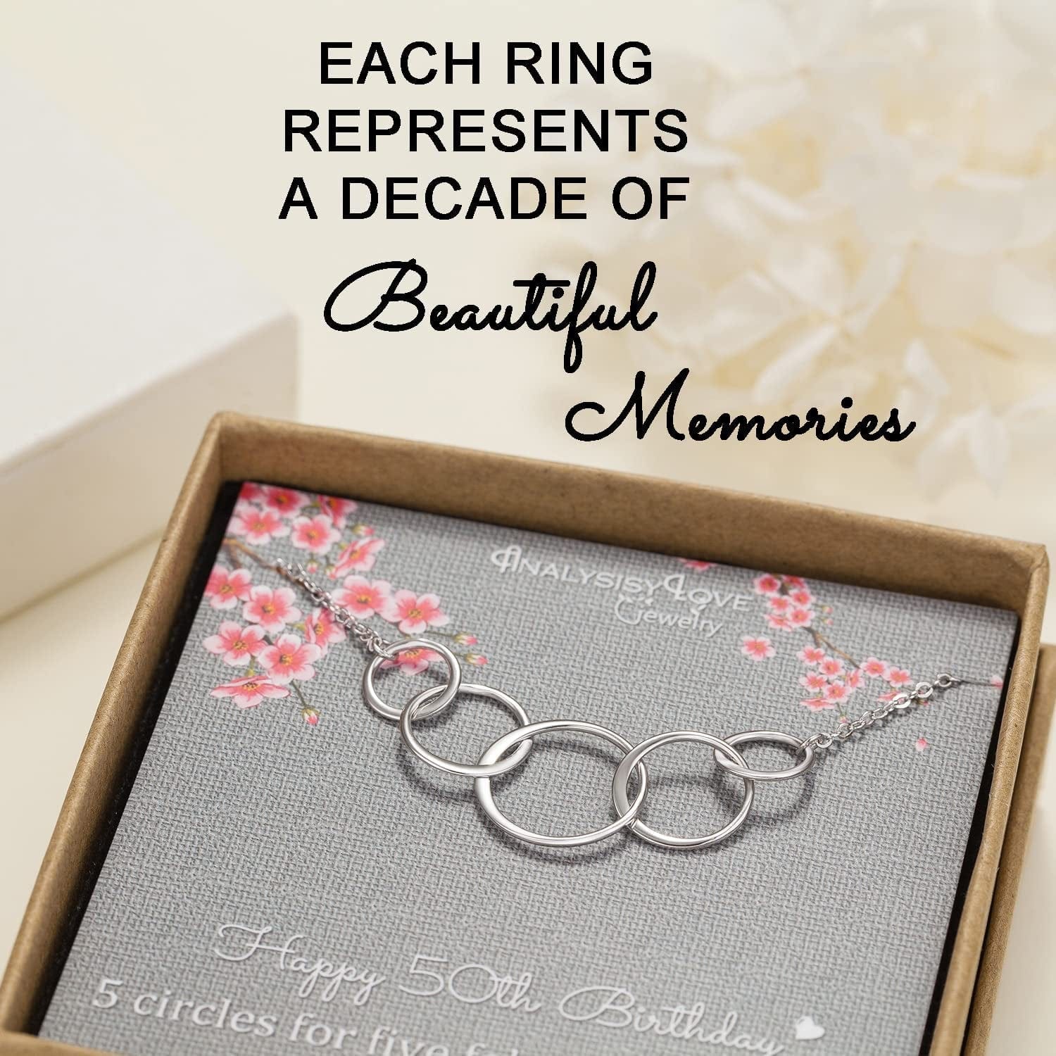 50Th Birthday Gifts for Women - Sterling Silver Infinity 5 Circle 5 Decades Necklace, Mom Gifts, Mothers Day Jewelry Birthday Gift