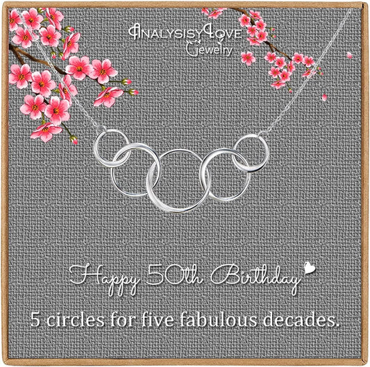 50Th Birthday Gifts for Women - Sterling Silver Infinity 5 Circle 5 Decades Necklace, Mom Gifts, Mothers Day Jewelry Birthday Gift