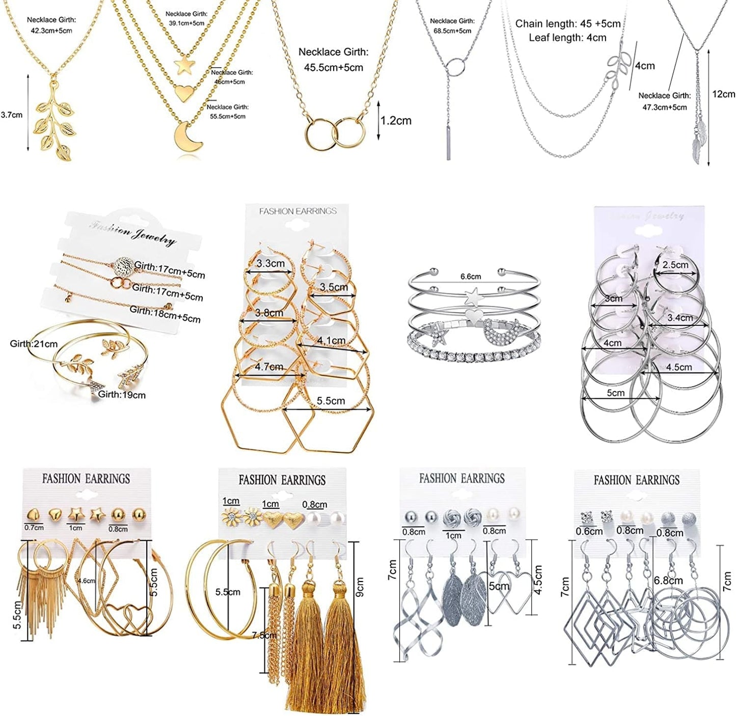 51 PCS Gold Silver Jewelry Set with 6 PCS Necklace,9 PCS Bracelet,36 PCS Layered Ball Dangle Hoop Stud Earrings for Women Jewelry Fashion and Valentine Birthday Party Gift