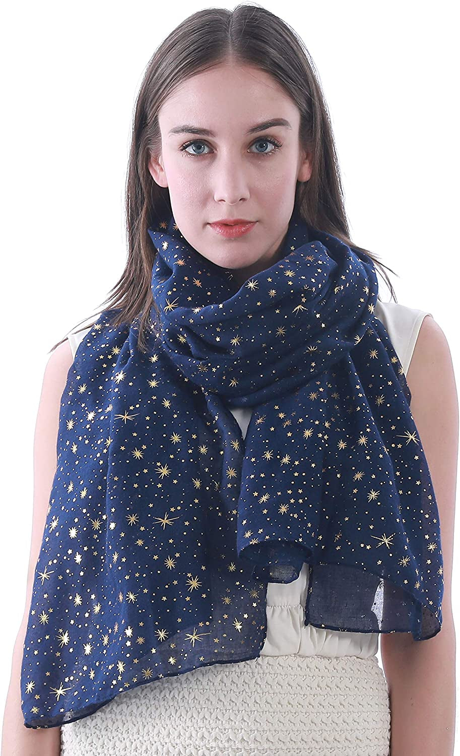 Lina & Lily Silver Gold Glitters Shimmer Foil Stars Women Scarf Shawl Wrap Apparel & Accessories > Clothing Accessories > Scarves & Shawls Lina & Lily Navy Blue (Gold Stars)